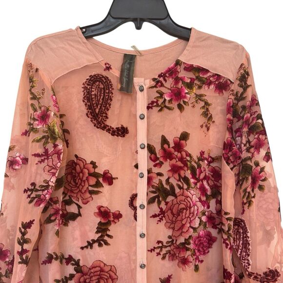Aratta Silent Journey Velvet Burnout Floral Button Up Shirt Tunic XS Artsy Boho - Picture 4 of 9